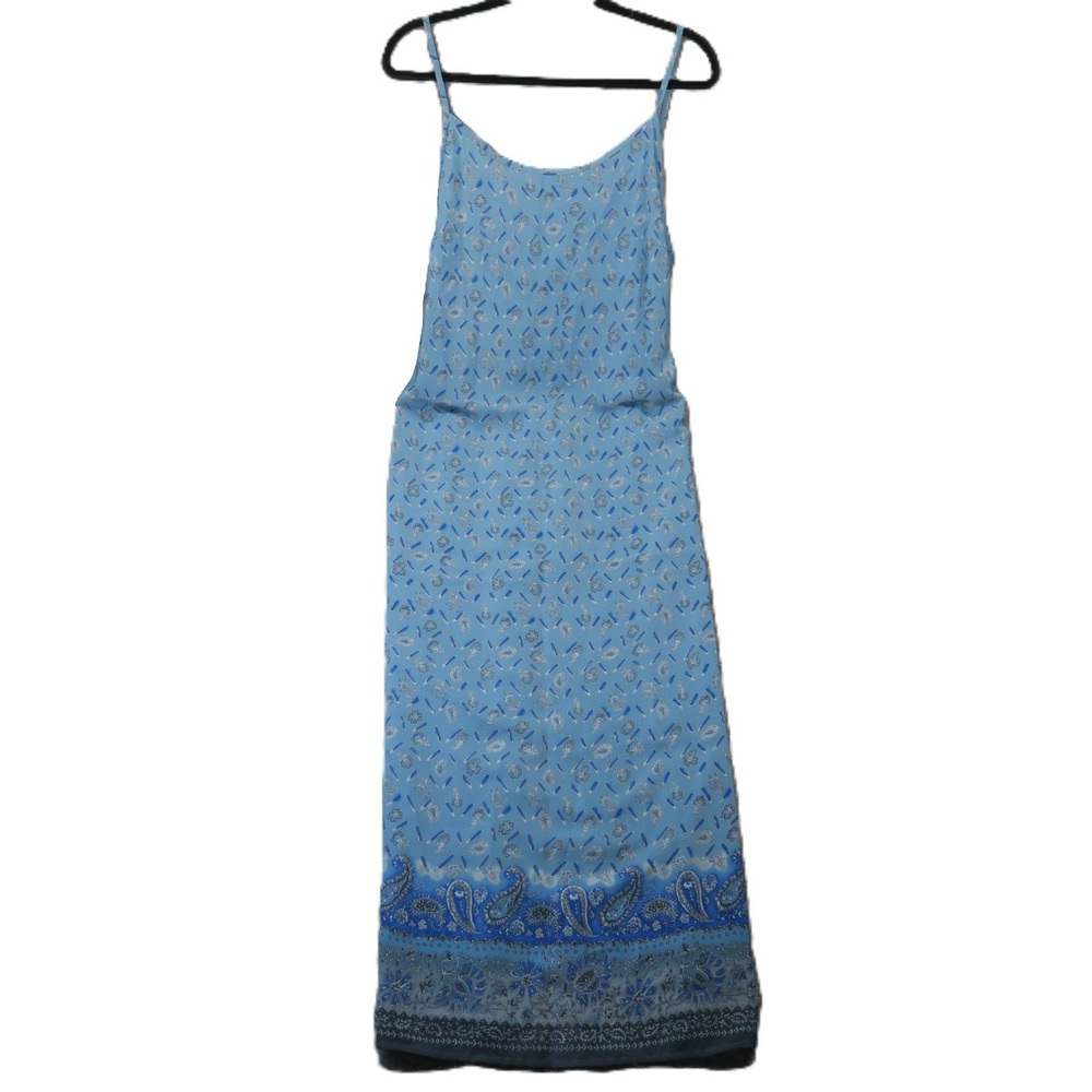 Vtg 90s California Concepts Maxi Slip Dress 18 Blue Paisley Tie Waist Boho Indie